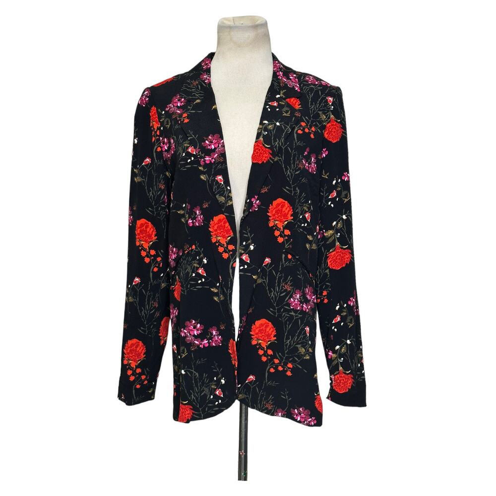 Cynthia Rowley black red floral long sleeves open front blazer jacket size XS